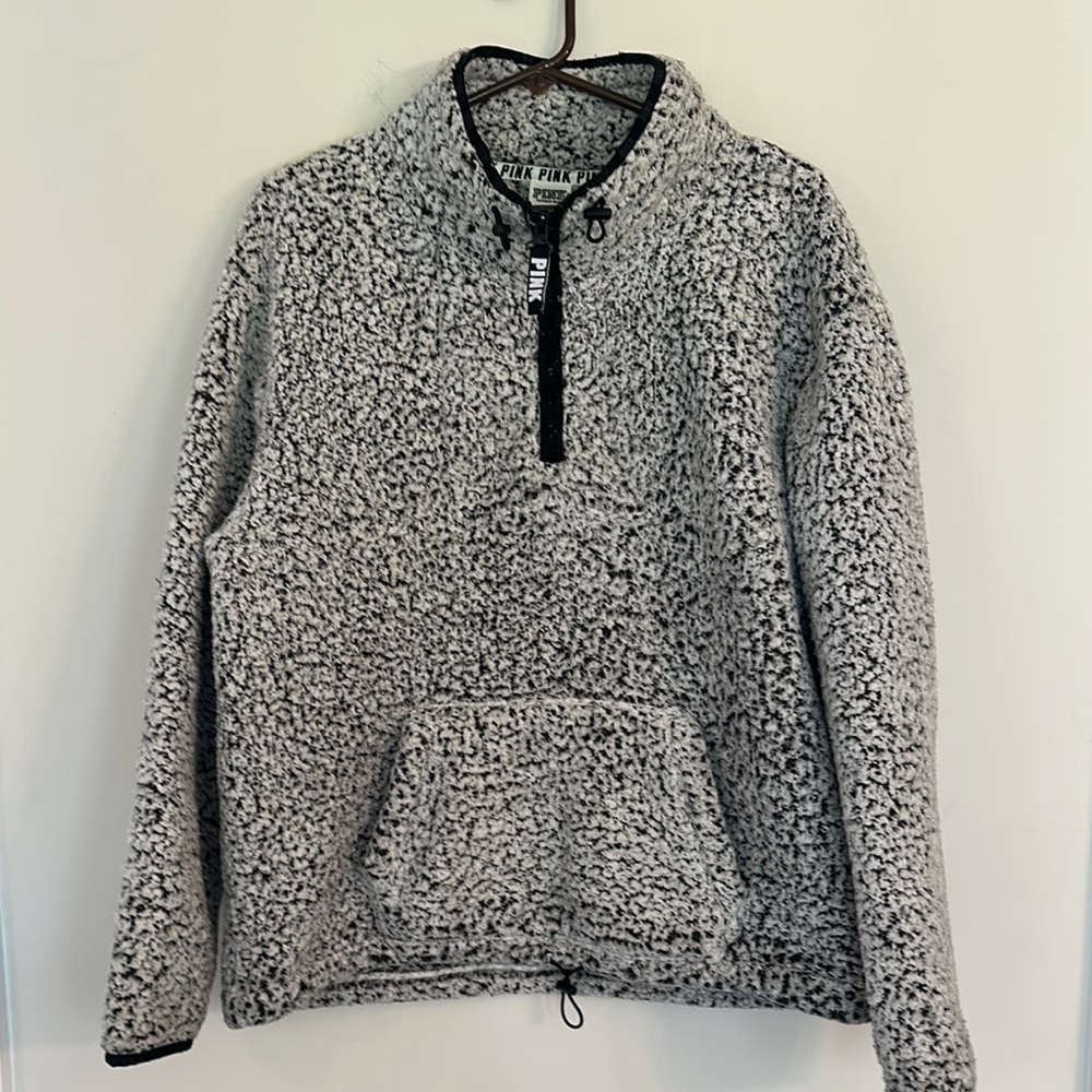 Victoria’s Secret PINK Fuzzy Quarter Zip Sweatshirt White Black womens large